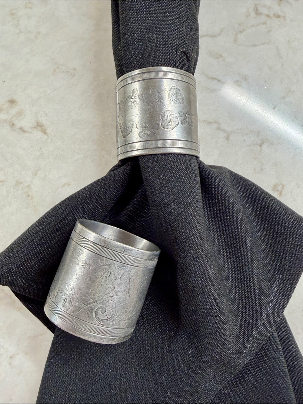 ANTIQUE, HAND-ENGRAVED PEWTER NAPKIN RINGS, SET/2